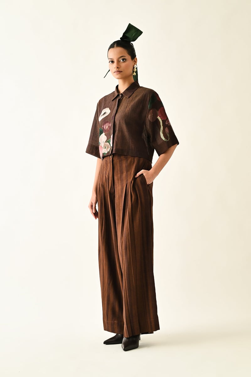 Brown Wide-Leg Pleated Abstract Print Trousers
