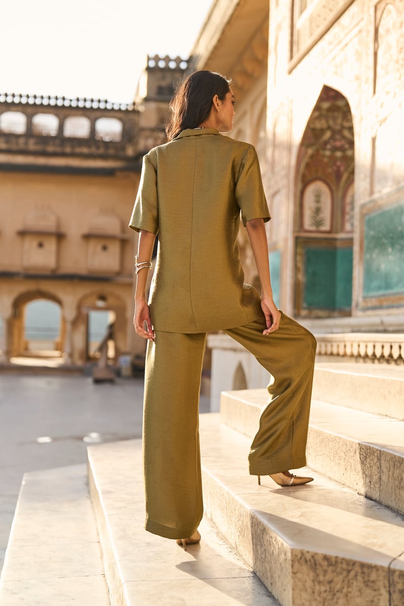 Green Metallic Lamé Tailored Half Sleeve Blazer