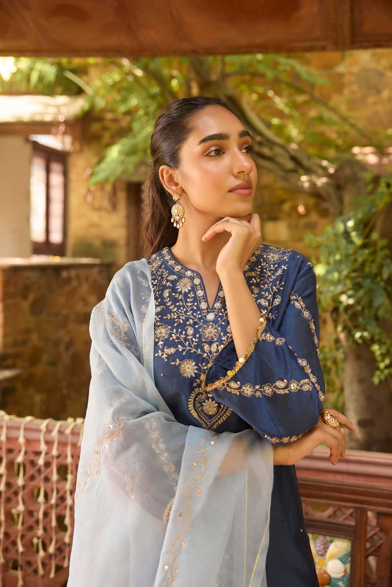 Zeenat Silk Chanderi Prussian Kurta Set
