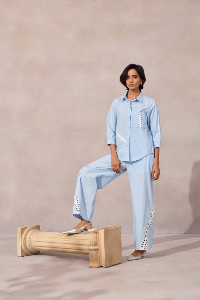 Frost Blue Cotton Poplin Shirt with Contrast Lace Inlay
