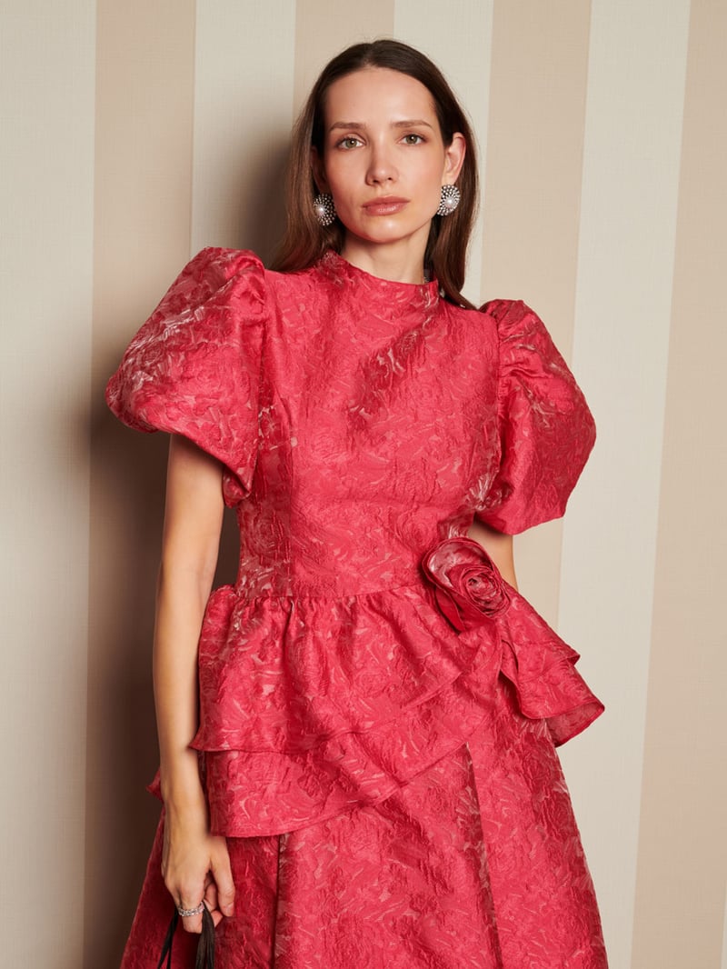 Pink Floral Jacquard Puff Sleeve Midi Dress