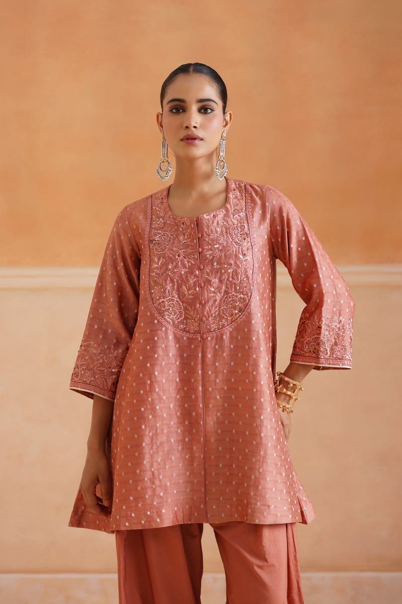 Peach Blush Embroidered Chanderi Kurta Set with Dupatta