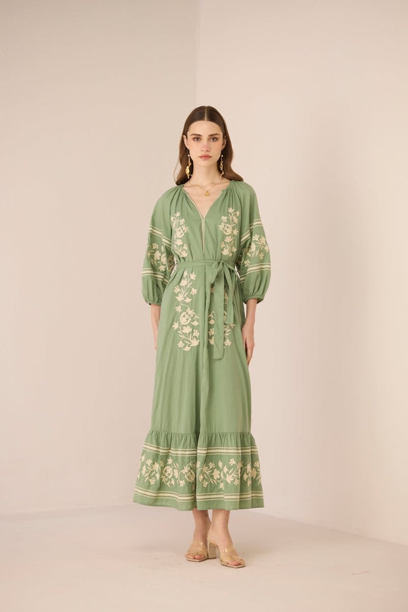 Epsom Green Cotton Embroidered Belted Maxi Dress — Calling June