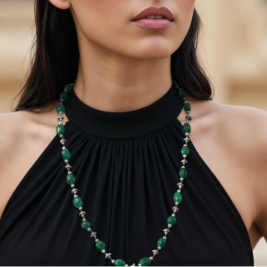 Carved Green and Small Pearl Chain — Kesya