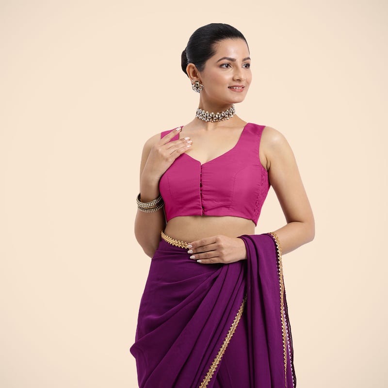 Hot Pink Sleeveless Saree Blouse with Curved V-Neck