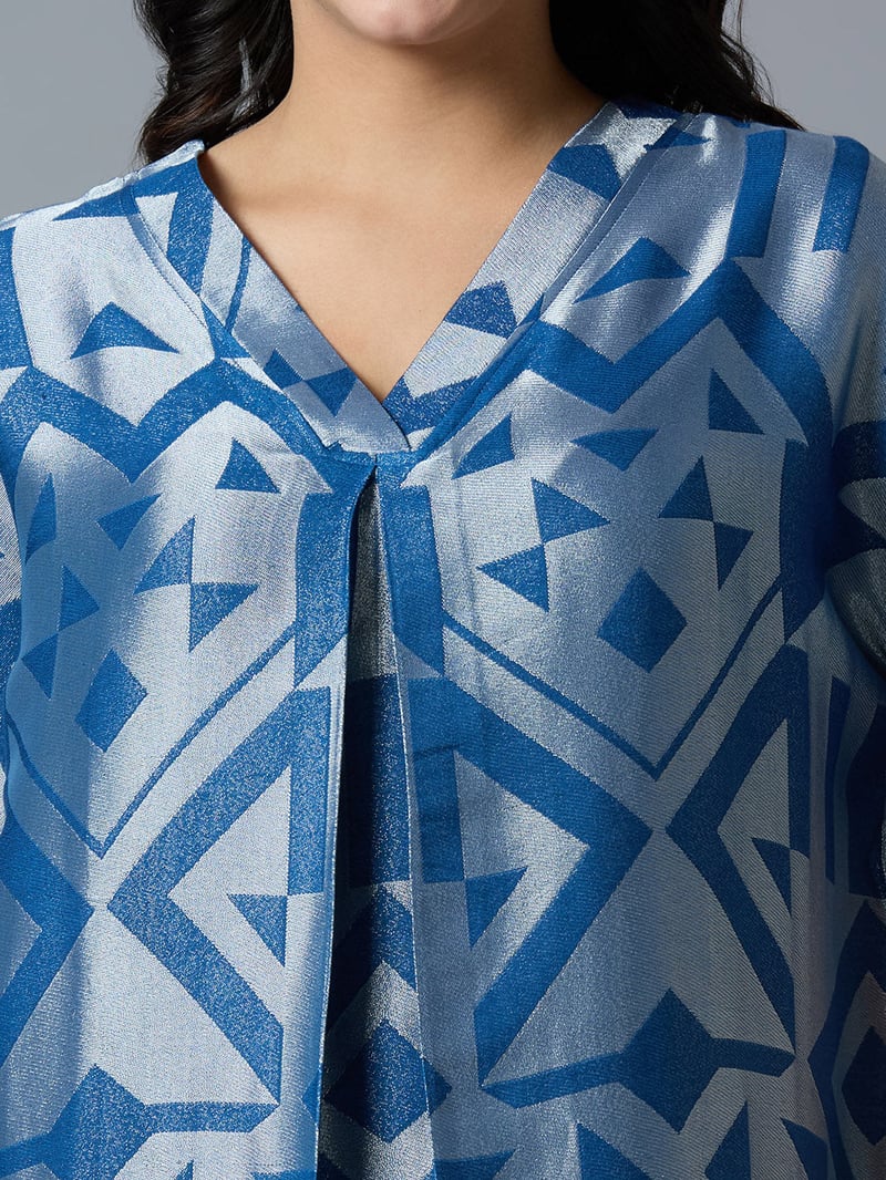 Denim Blue/Silver Geometric Brocade Midi Dress