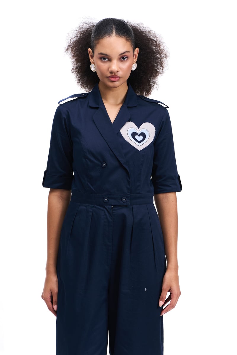 Navy Cotton Satin Tailored Jumpsuit with Heart Applique