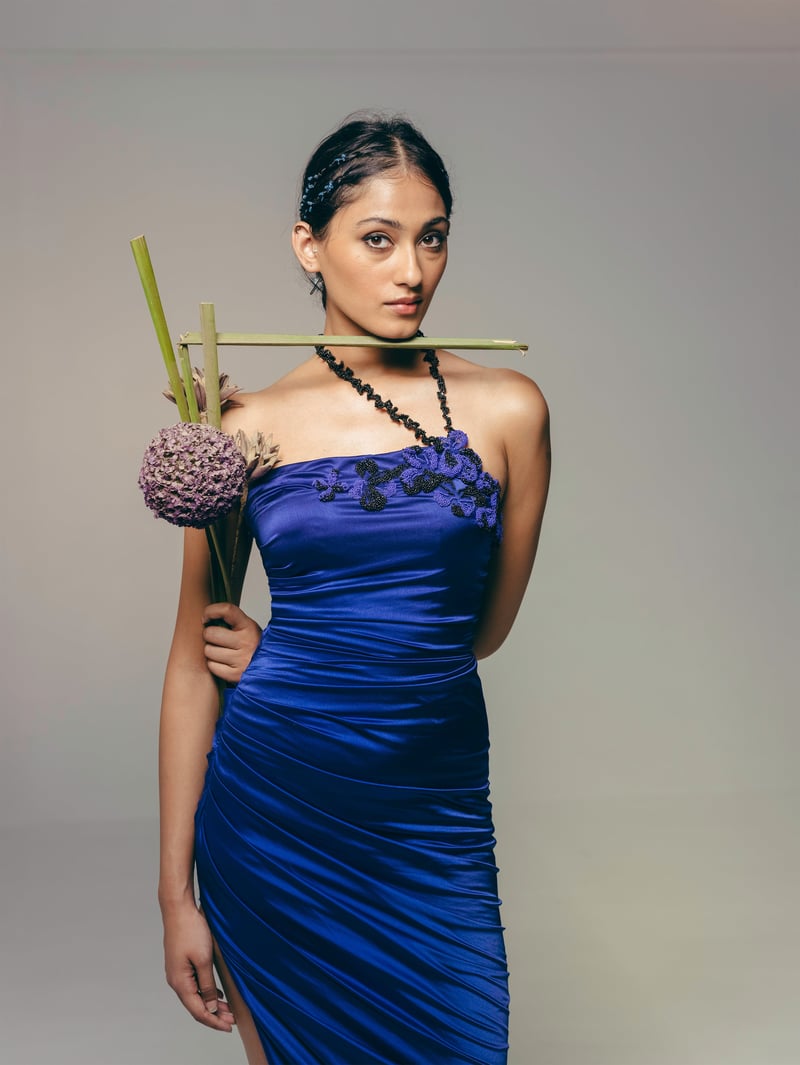 Blue Draped Stretch Satin Midi Dress