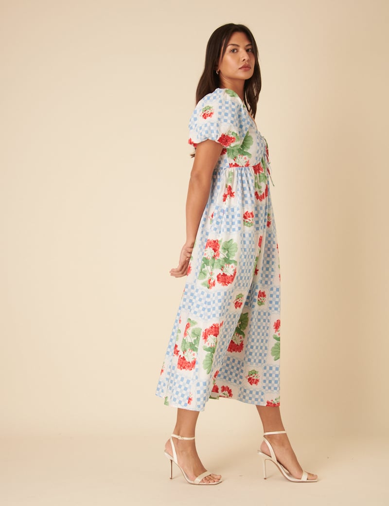 Blue Tile Check and Floral Sweetheart Midi Dress