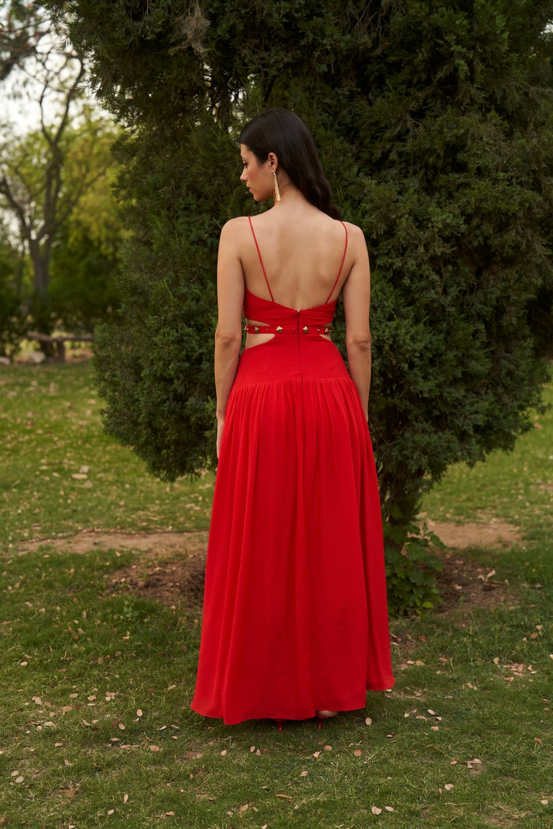 Red Cut-Out Waist Maxi Gown with Stud Detail