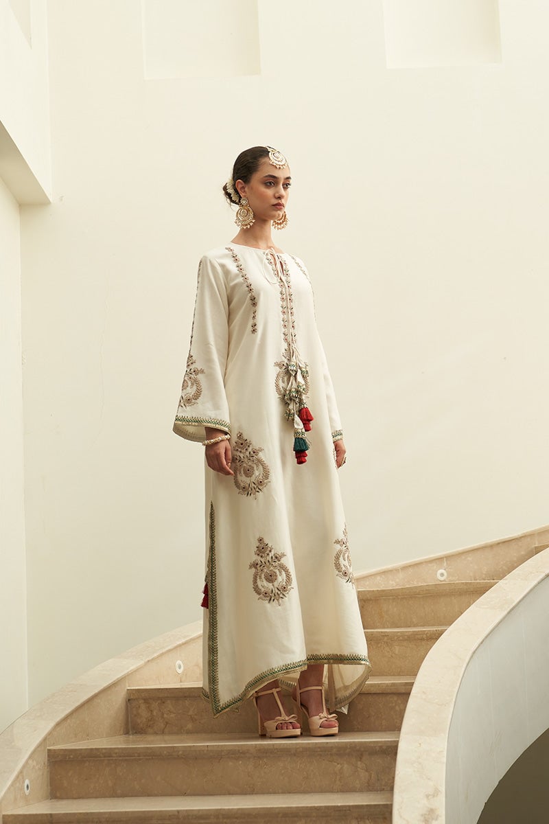Ivory Chanderi Silk A-Line Kaftan with Tassel Tie