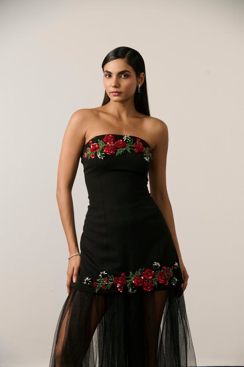 Black Strapless Embellished Mini Dress and Sheer Overskirt Set