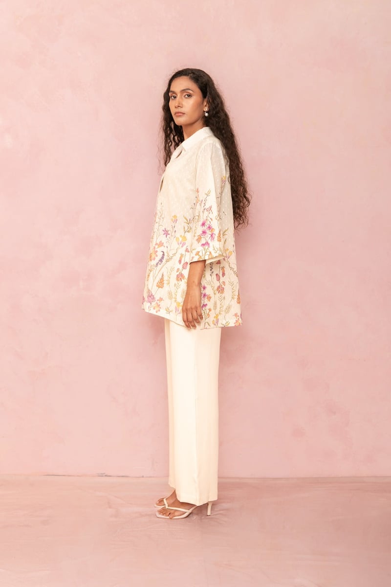 Multicolor Floral Placement Cream Cotton Dobby Shirt