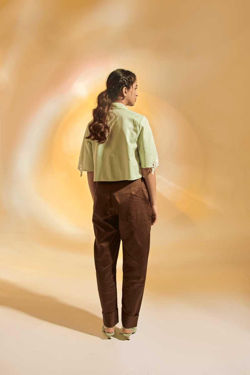 Green Cropped Cotton Satin Shirt with Embroidery and Cutwork