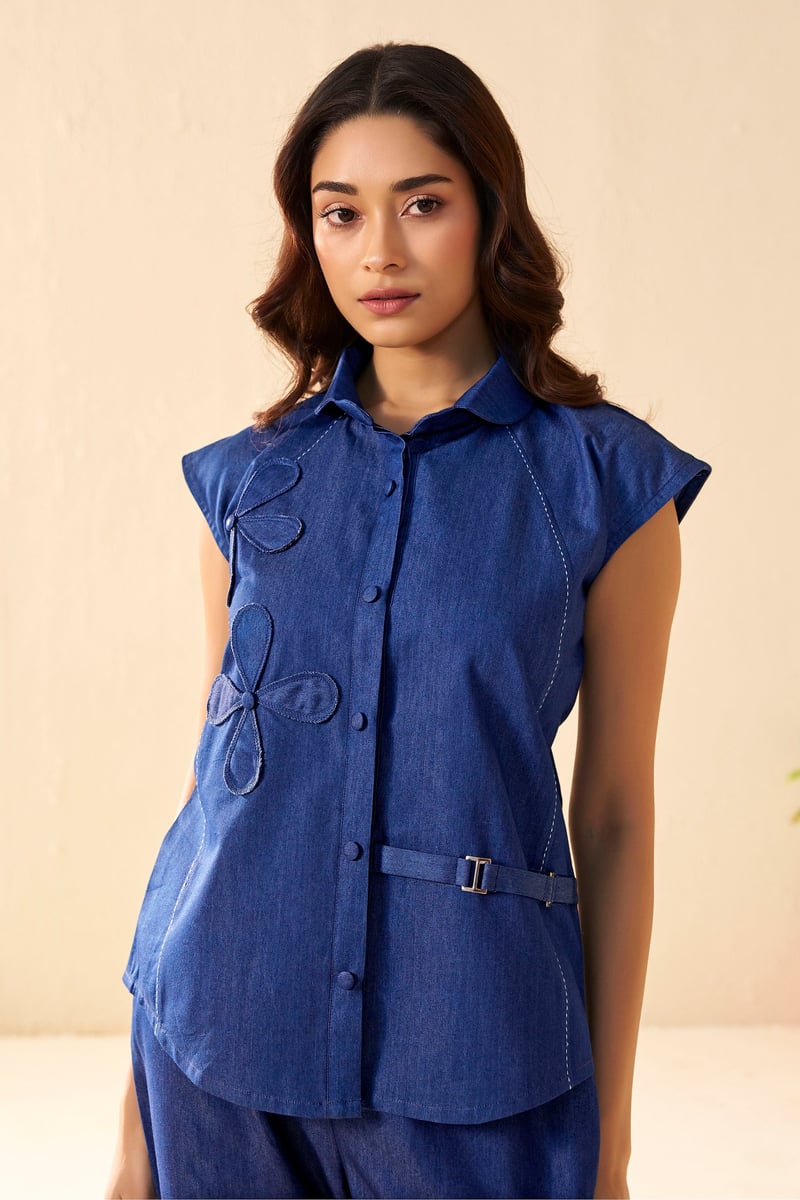Blue Denim Sleeveless Shirt and Pants Co-ord Set
