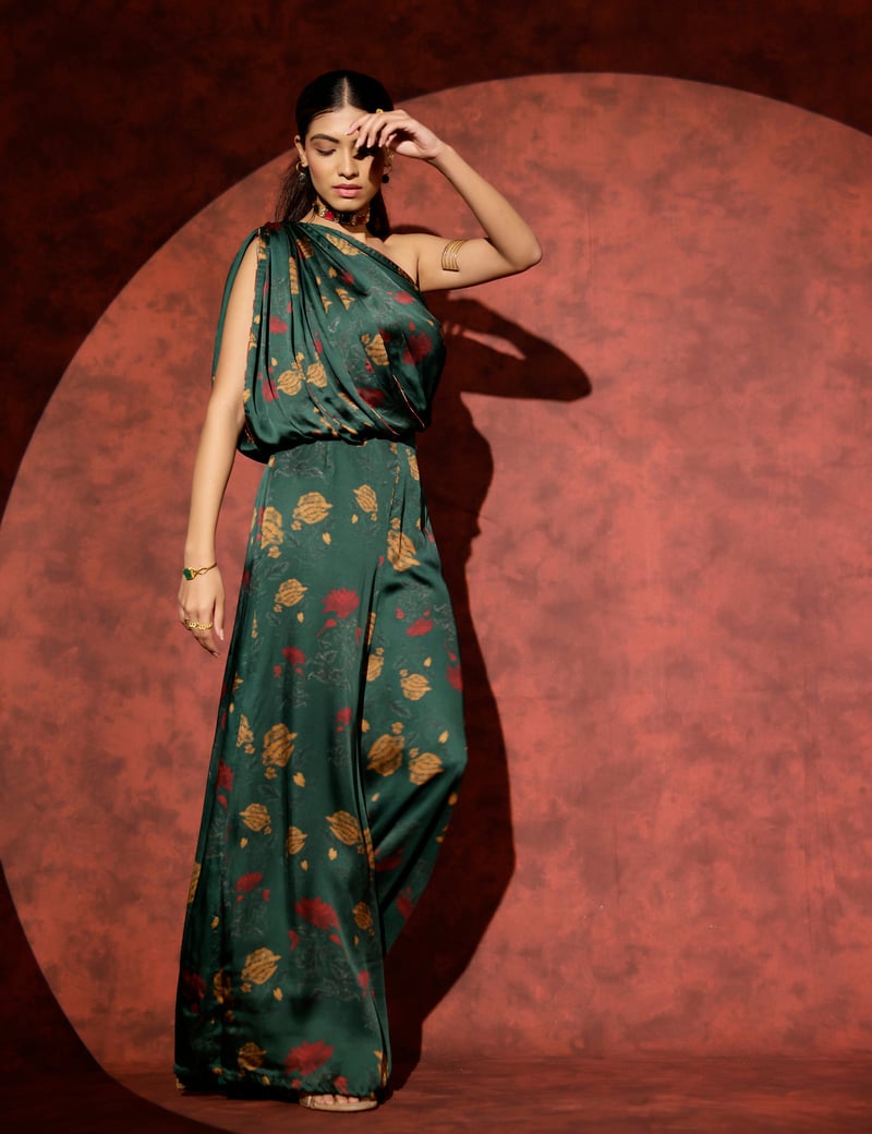 Green One-Shoulder Draped Printed Wide-Leg Jumpsuit