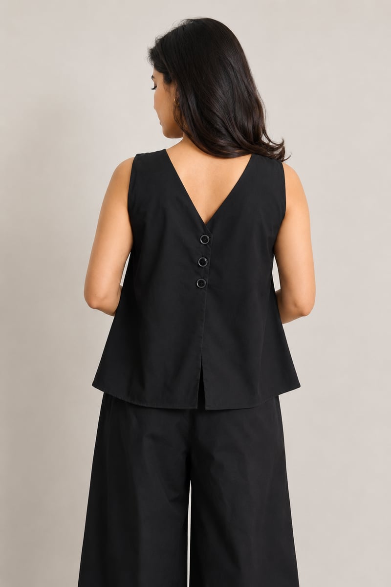 Black Sleeveless A-Line Top with Back Button Detail