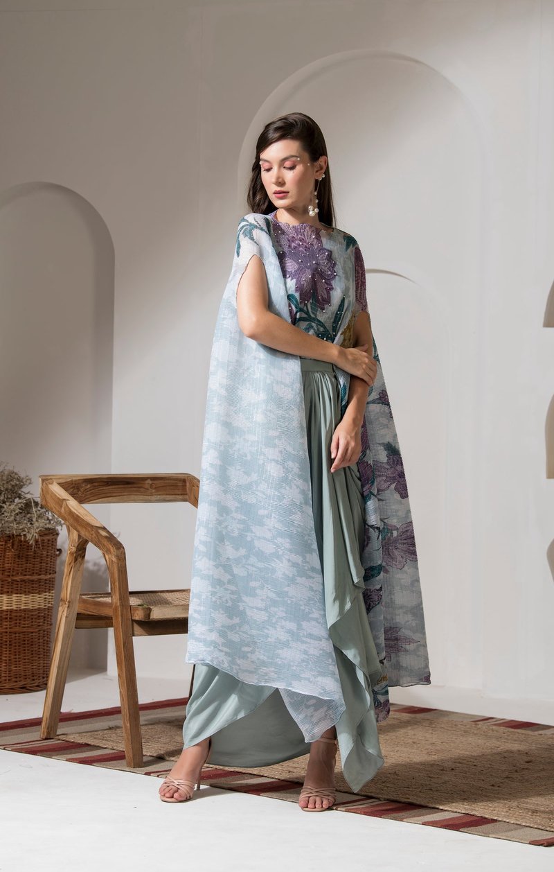 Blue Floral Kaftan and Dhoti Co-ord Set