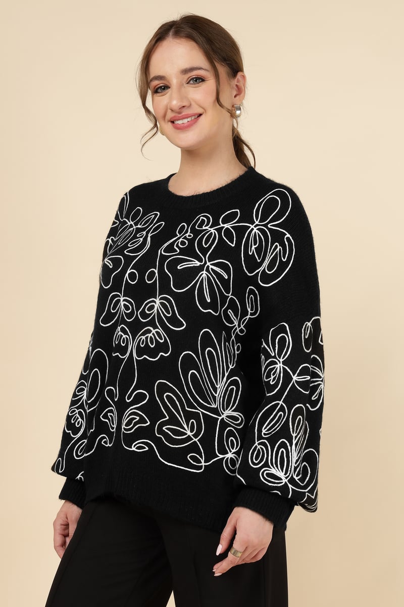 Black Abstract Line-Art Relaxed Fit Sweater