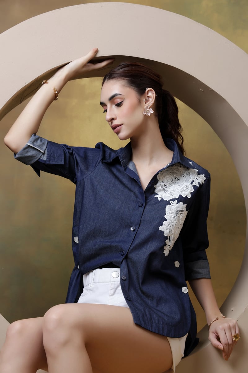 Dark Denim Shirt with White Lace Applique and High-Low Hem — Rhe-Ana