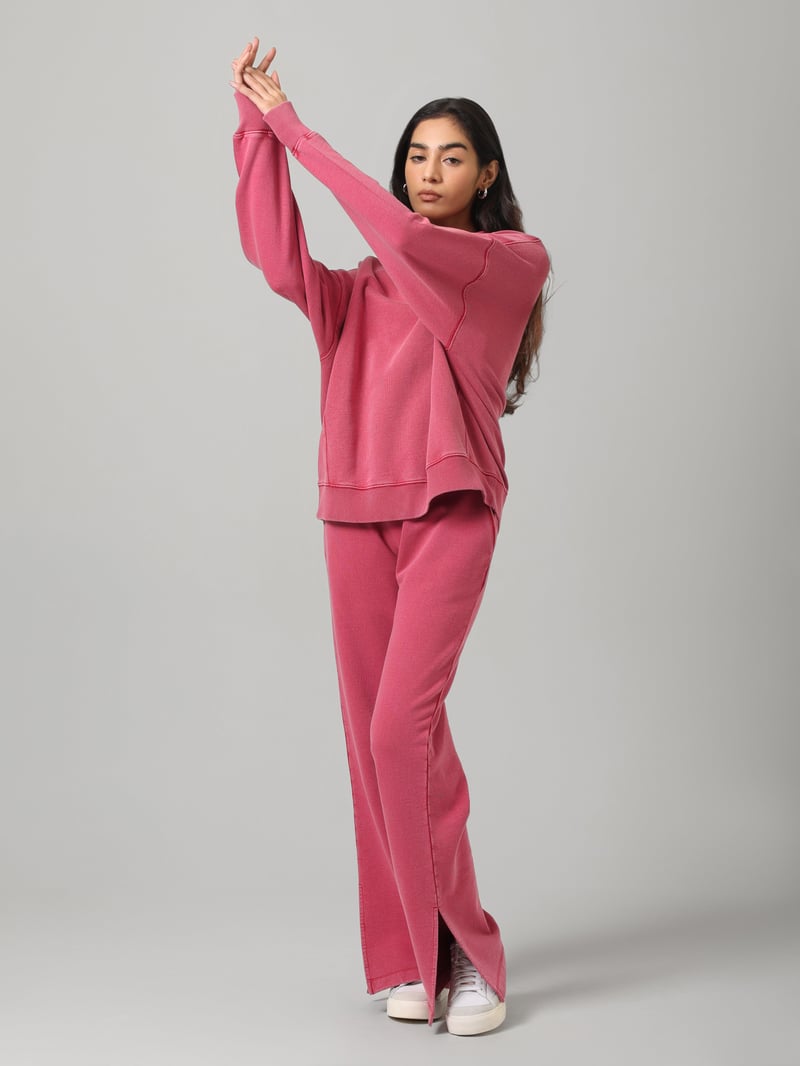 Red Cotton Terry Acid Wash Wide-Leg Trackpants