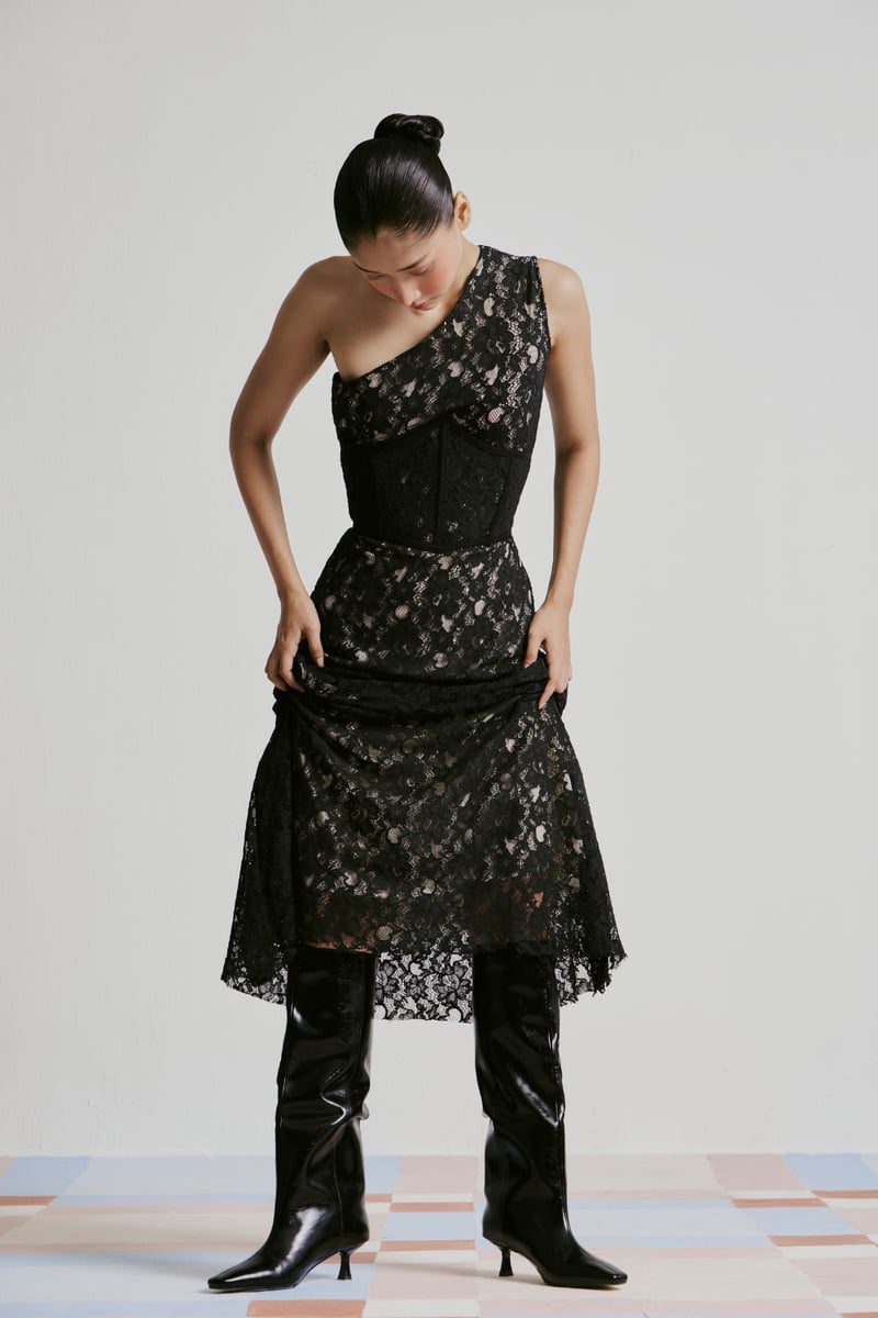 Black One-Shoulder Lace Maxi Dress with Corset Waist