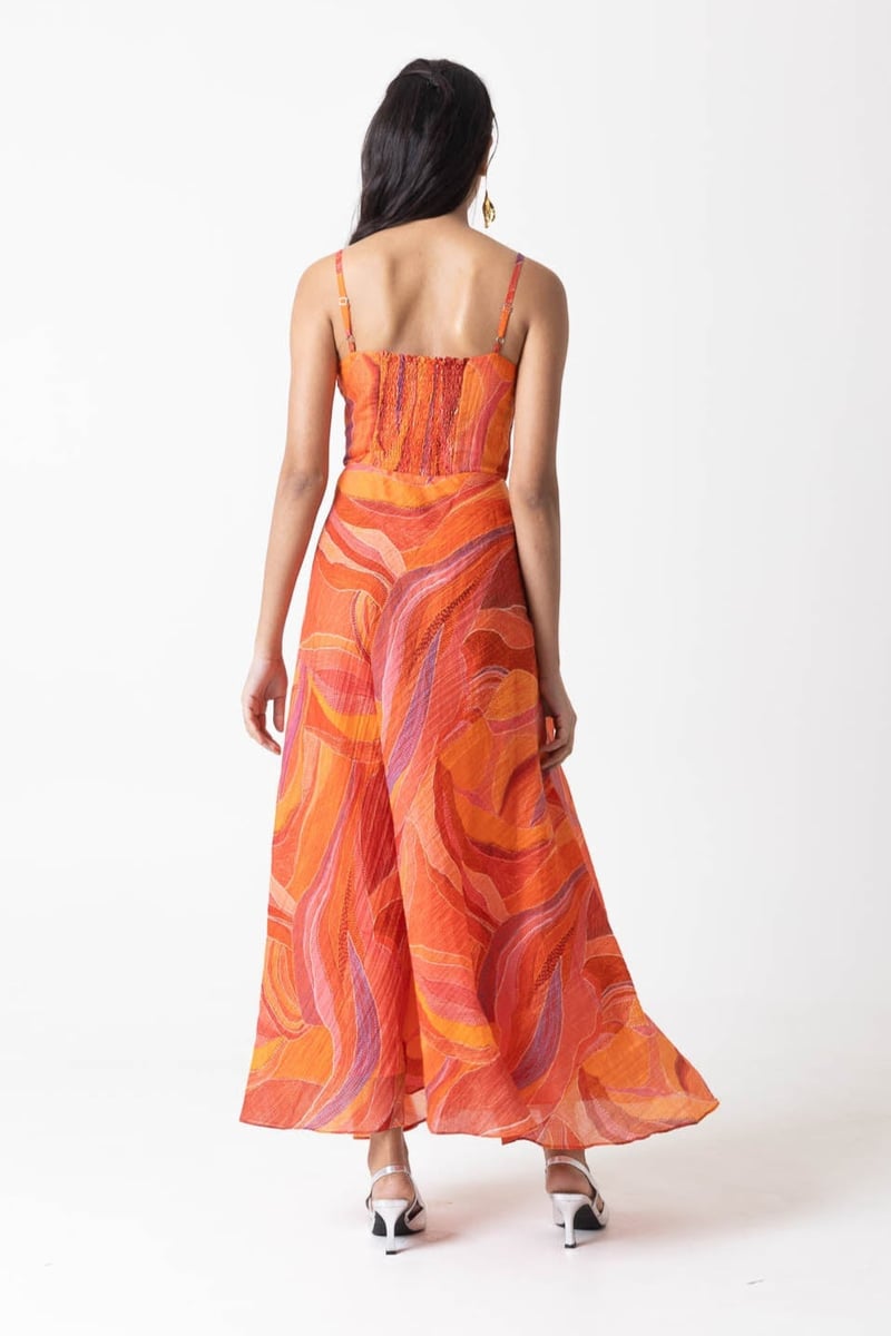 Orange Multicolor Abstract Print Fit and Flare Midi Dress