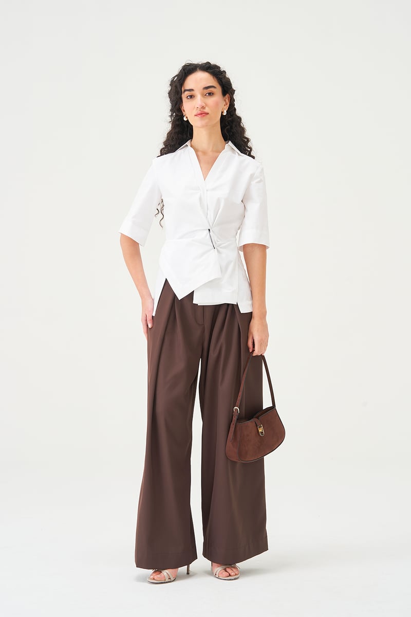 White Cotton Poplin Draped Waist Shirt