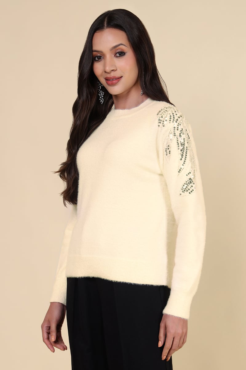 Ivory Sequin Sleeve Round Neck Pullover Sweater
