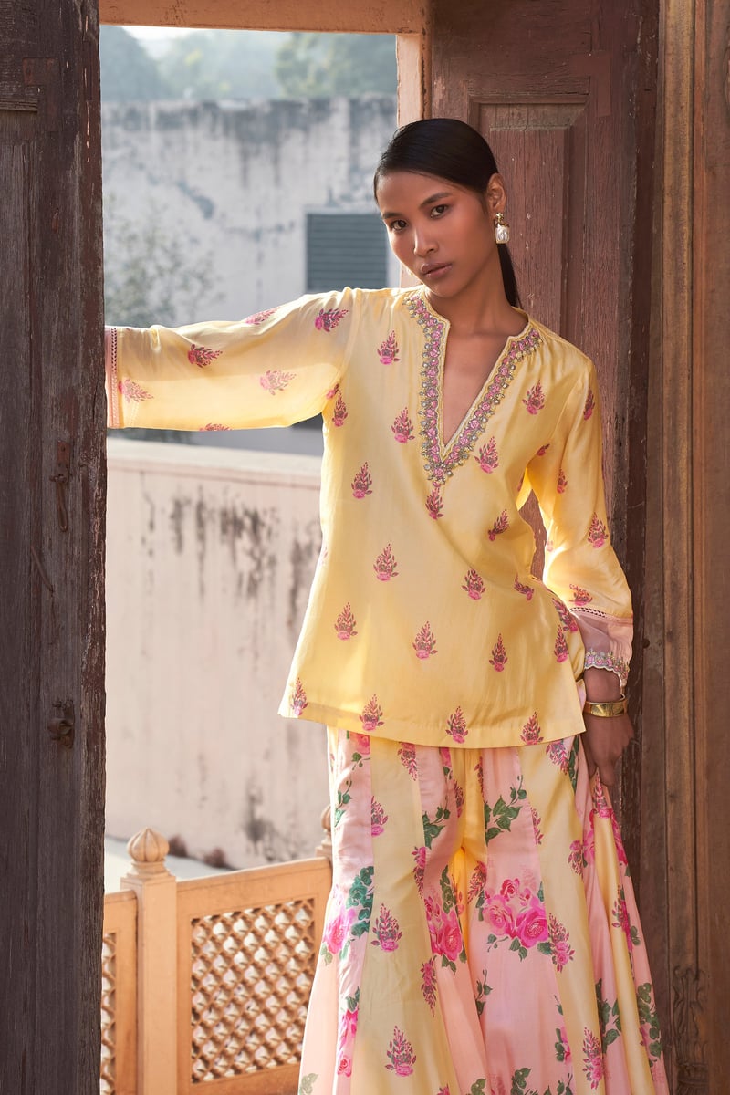 Yellow Floral Silk Kurta Sharara Set with Organza Dupatta