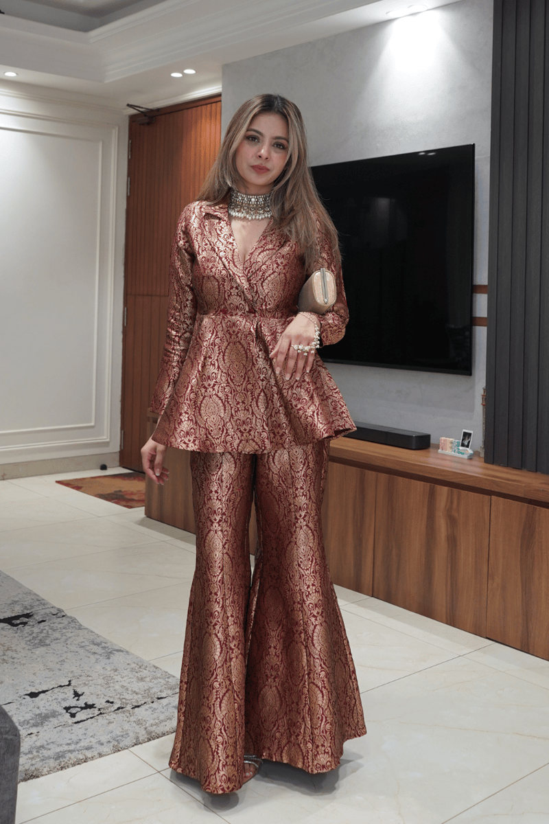Maroon Brocade Peplum Top and Flared Pants Co-ord Set