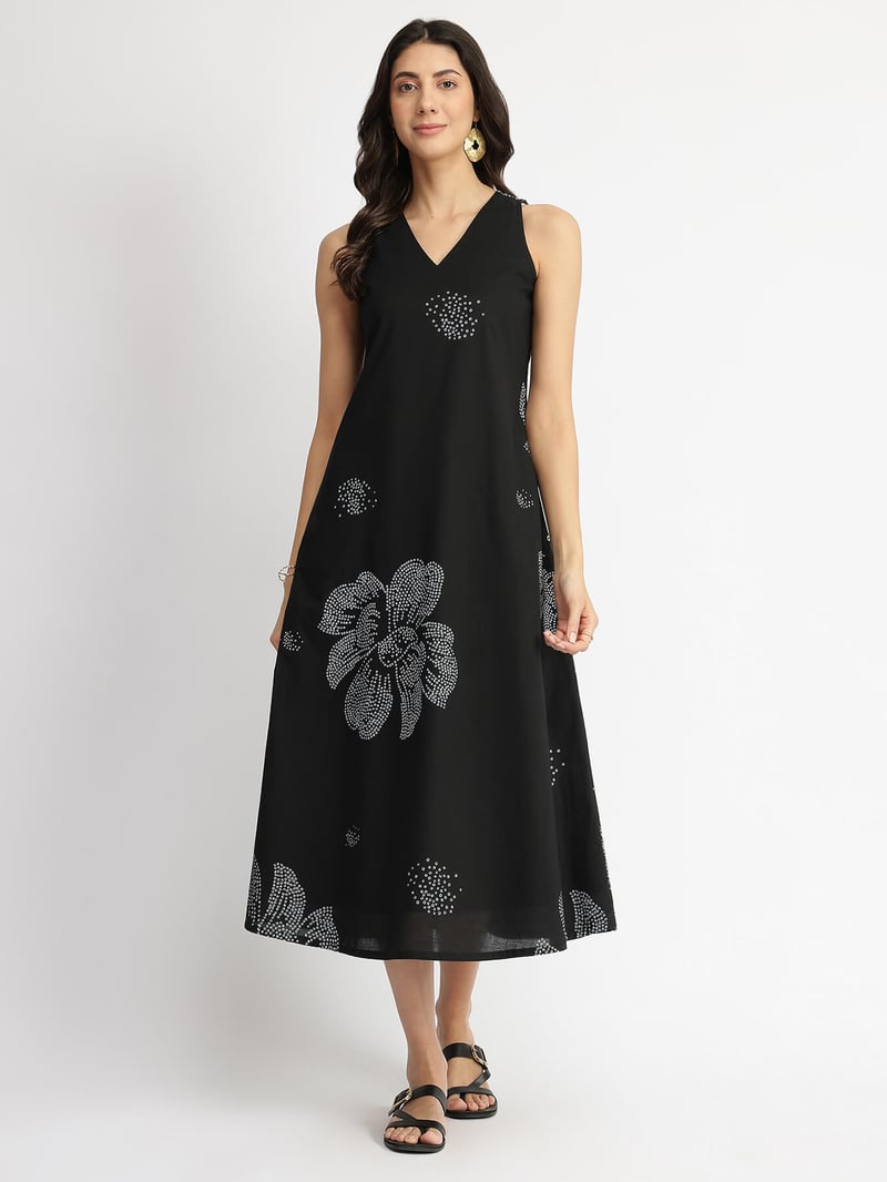 Black Cotton Bandhani Floral A-Line Midi Dress