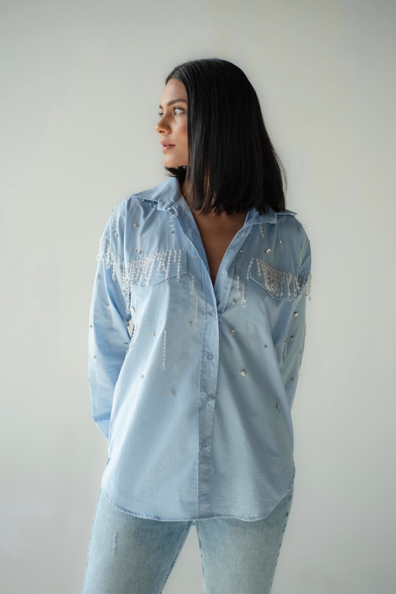Blue Cotton Oversized Crystal-Embellished Shirt
