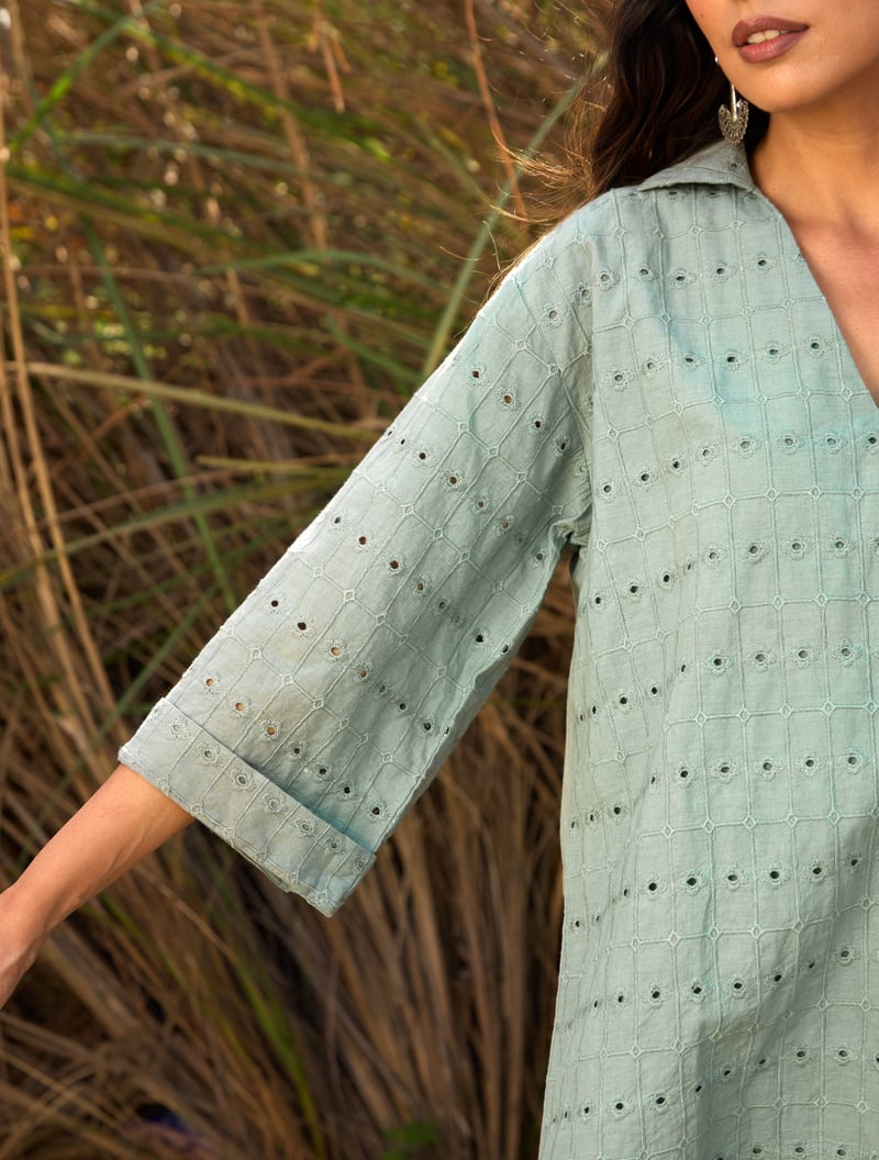 Light Blue Cotton Cutwork Co-ord Set with Wide-Leg Pants