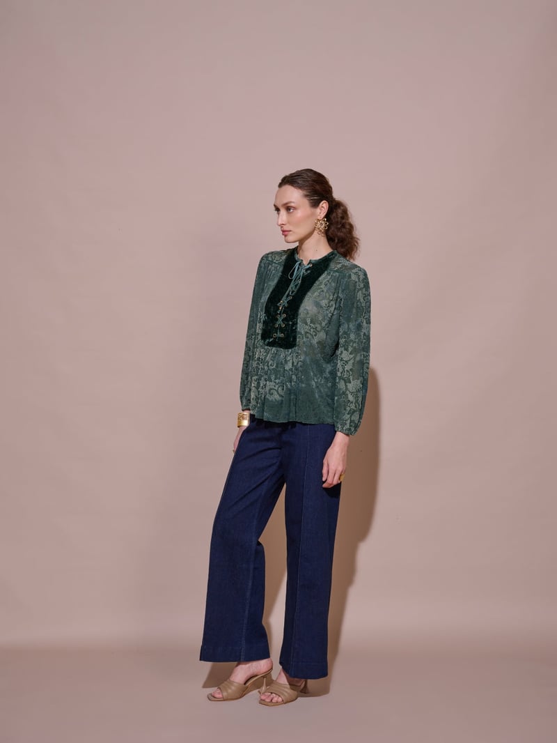 Green Burnt Velvet Lace-Up Yoke Flowy Top