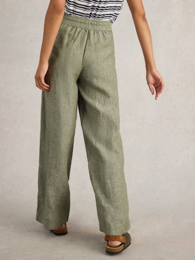Mid Green Linen Wide-Leg Drawstring Trousers