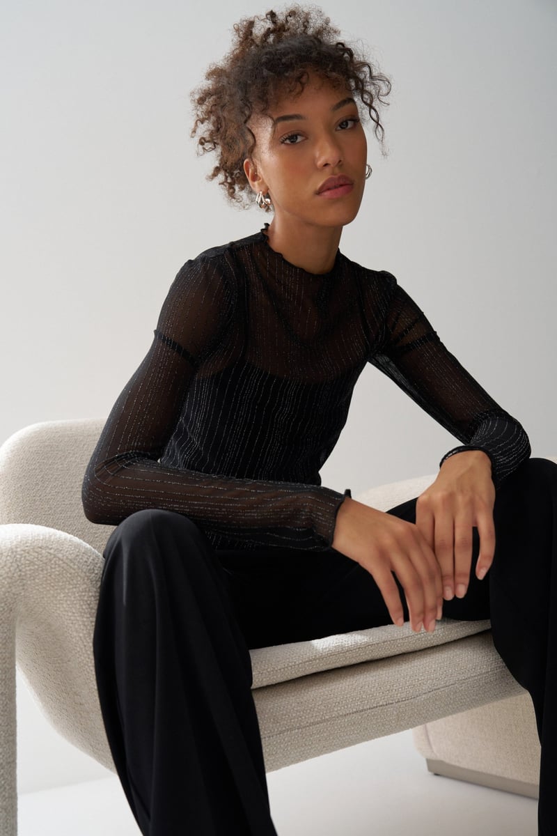 Black Shimmer Mesh Round Neck Full Sleeve Top