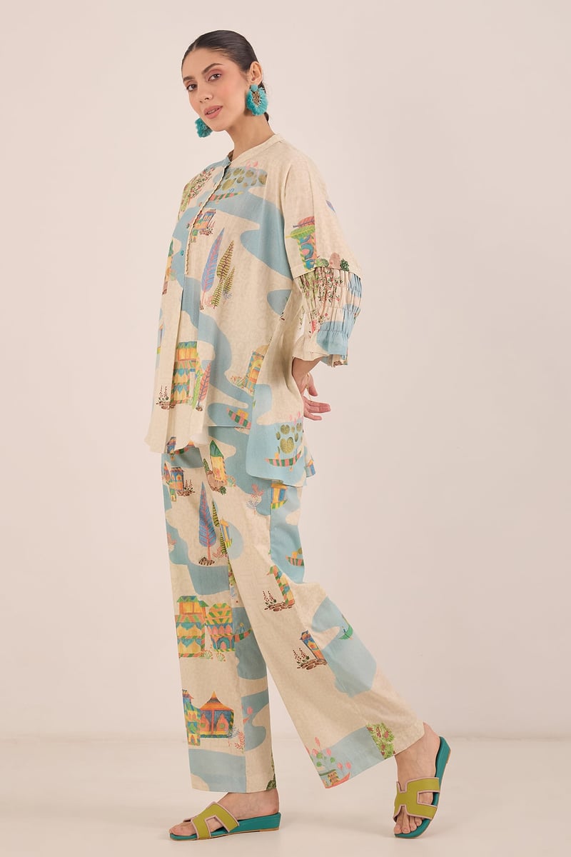 Cream Printed Tunic and Wide-Leg Pants Co-ord Set