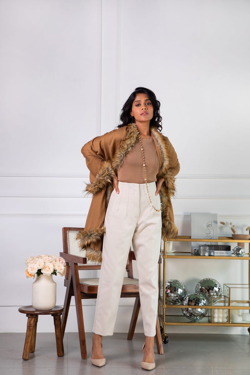 Ochre Wool Stole with Faux-Fur Border Trim