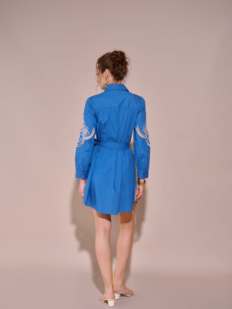 Blue Cutwork Belted Mini Shirt Dress