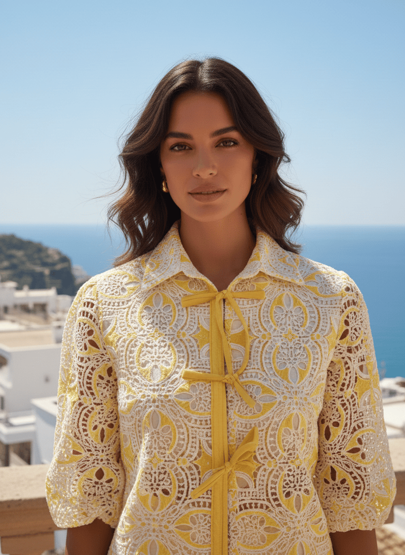 Yellow Cutwork Tie-Up Co-ord Set with Wide-Leg Pants