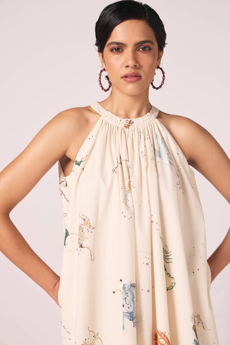 Beige Zodiac Print Halter Mini Dress with Bow-Tie Back