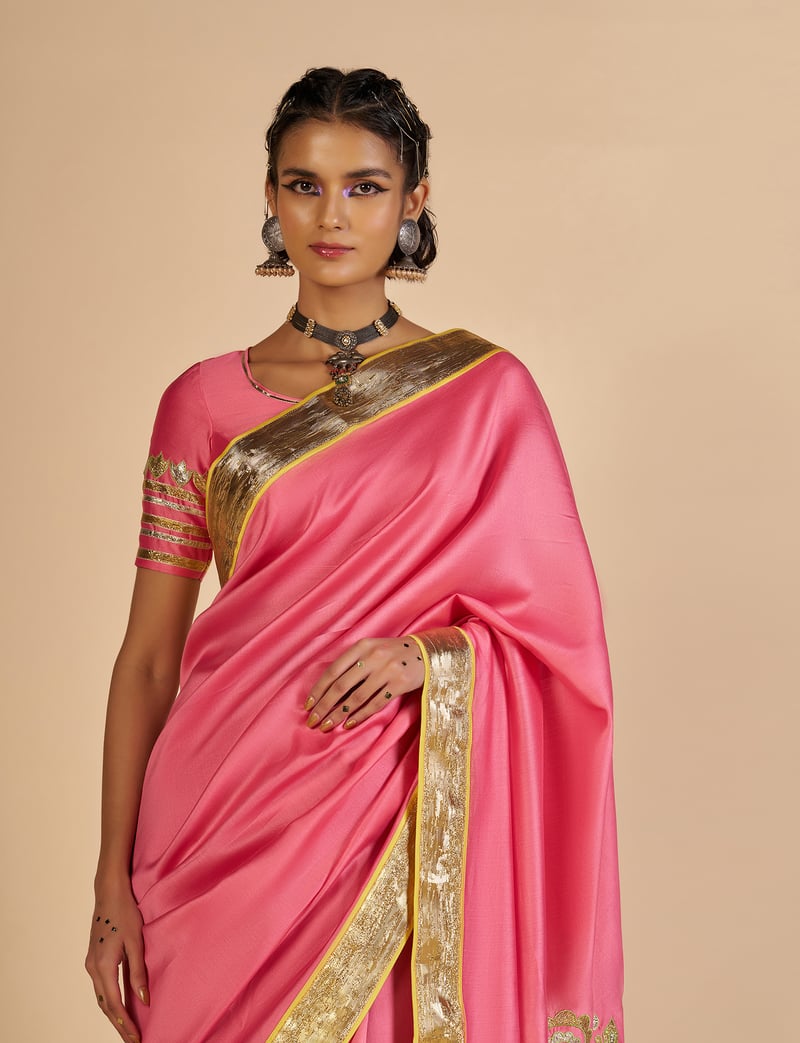 Pink Silk Chanderi Saree with Yellow Pallu and Gold Border