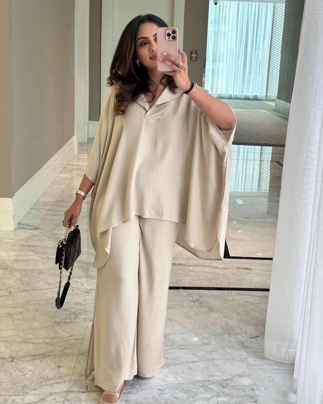 Taupe Draped Poncho Top and Bell Bottom Co-ord Set