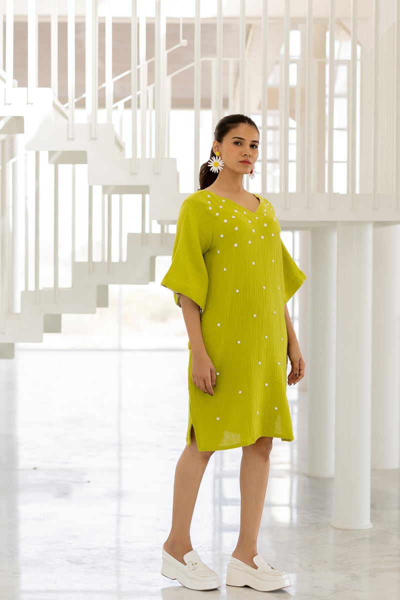 Green Straight Knee-Length Dress with Applique Dots