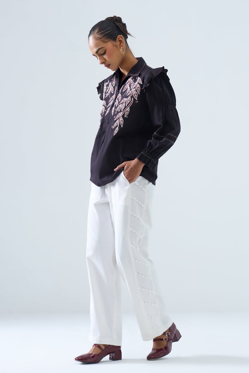 Black Embroidered Ruffle-Shoulder Cotton Flex Shirt