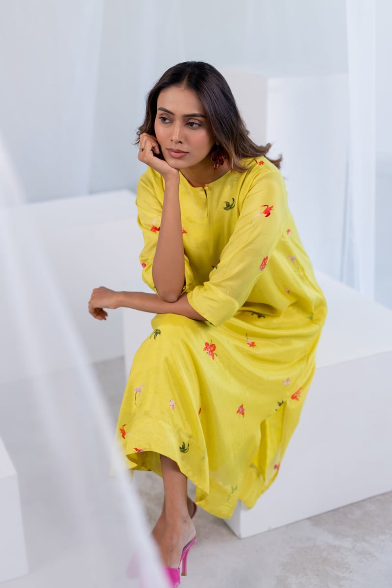 Lime Green Silk Voile Floral Printed Kurta Set with Pants