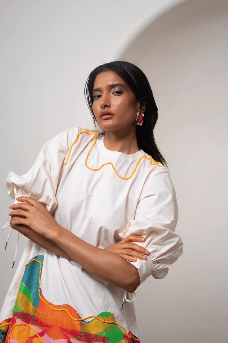 White Poplin Shift Mini Dress with Colourblock Hem