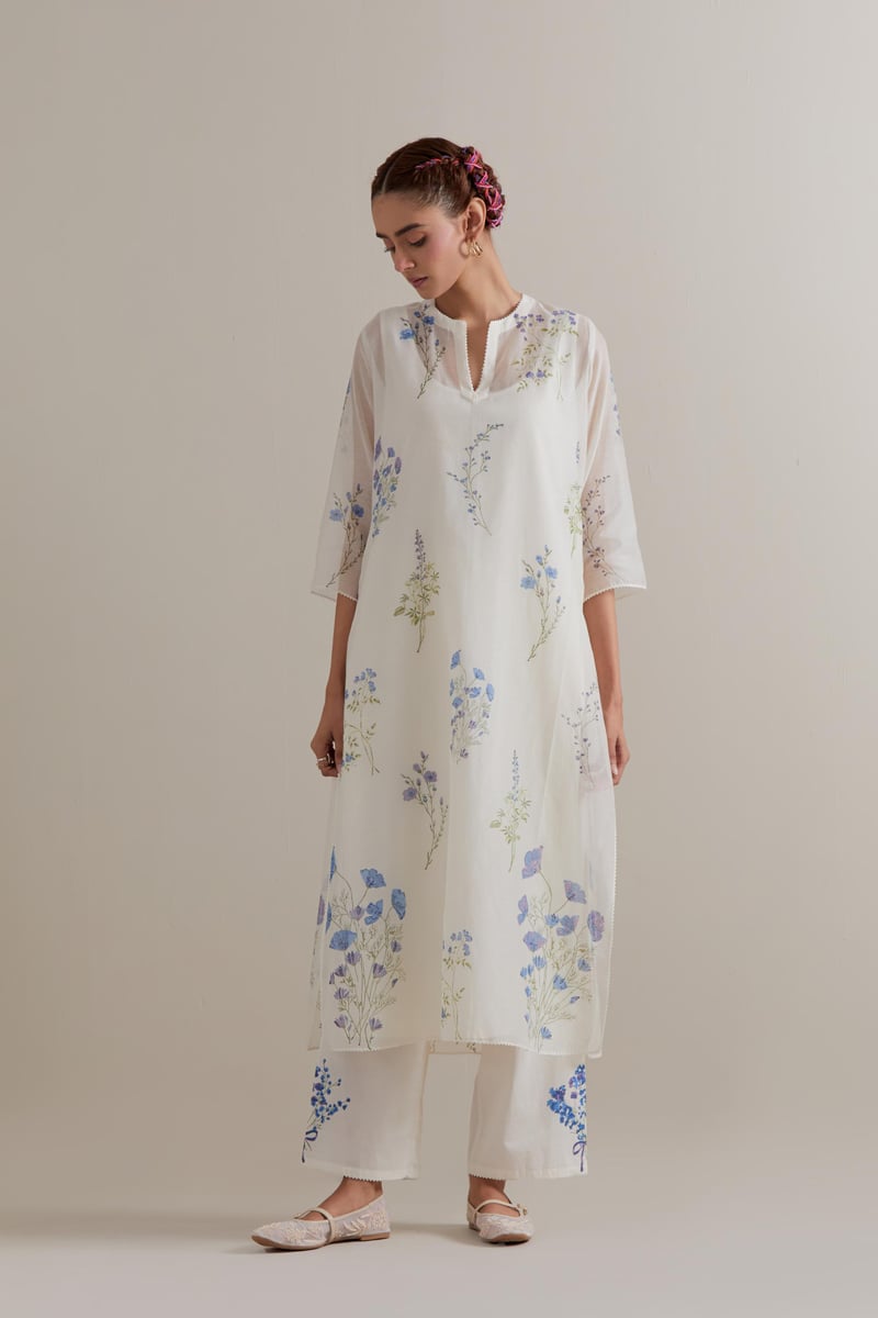 Off-White Floral Block Print Cotton Chanderi Kurta Set