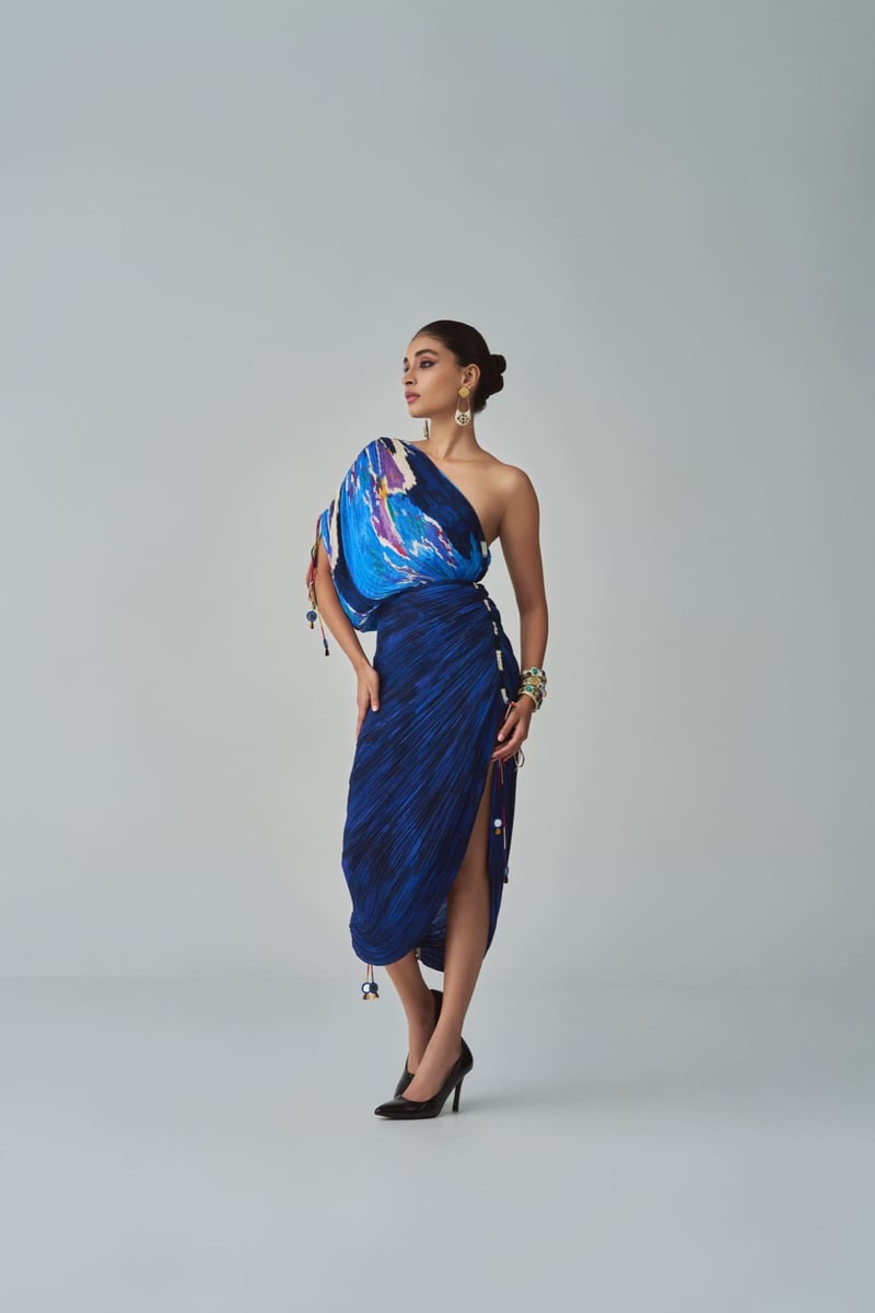 Blue One-Shoulder Micro-Pleated Midi Dress